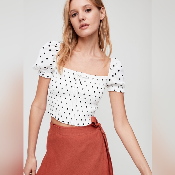 🌞Artizia Wilfred Smocked Polkadot Blouse Square nmNeckline Black White  XS - Picture 6 of 10